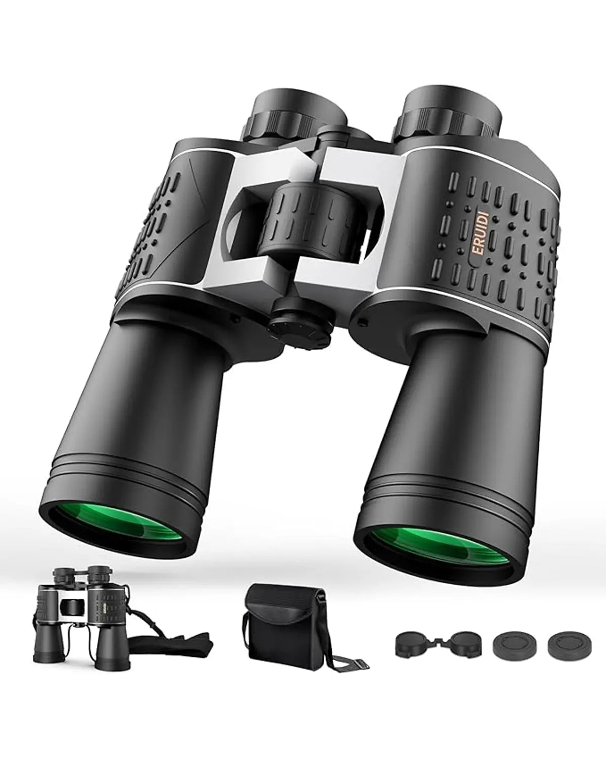 A pair of black 20x52 binoculars for adults, shown with their carrying case and accessories.