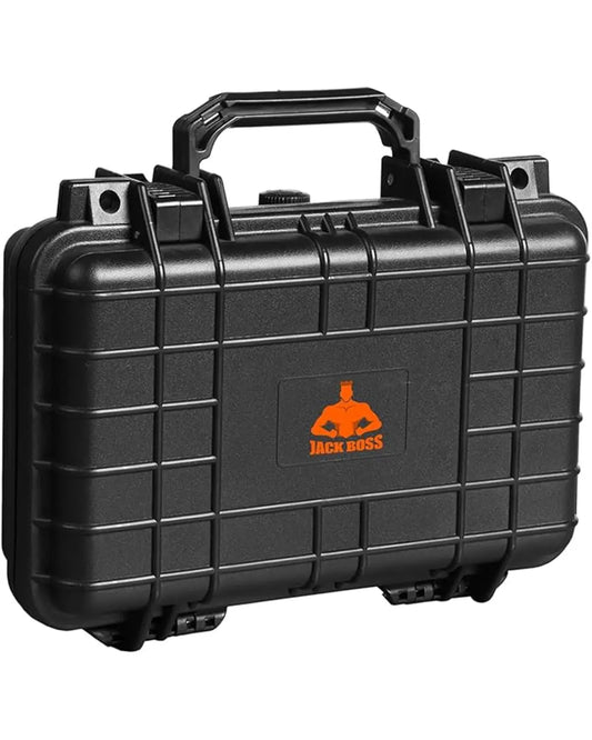 Black portable weatherproof protective camera hard case with a textured exterior.