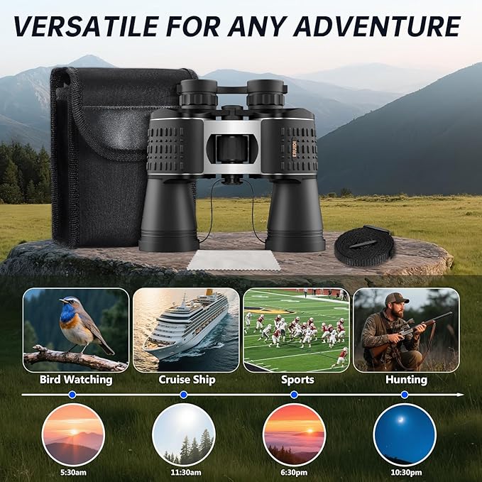 Included accessories like a neck strap, lens caps, and cleaning cloth displayed with the binoculars.