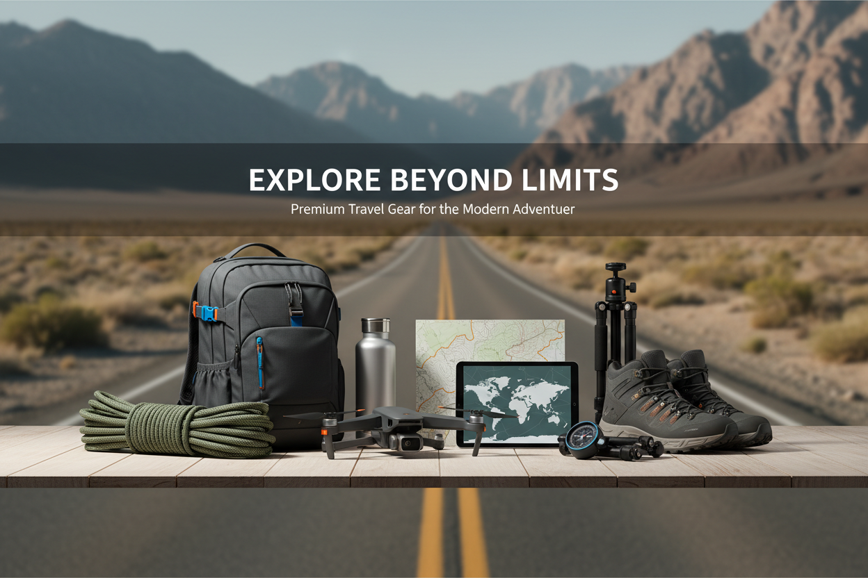 여행용상품을 파는 샵의 이미지 배너를 최대한 모던하고 탐험가 느낌으로 만들어줘