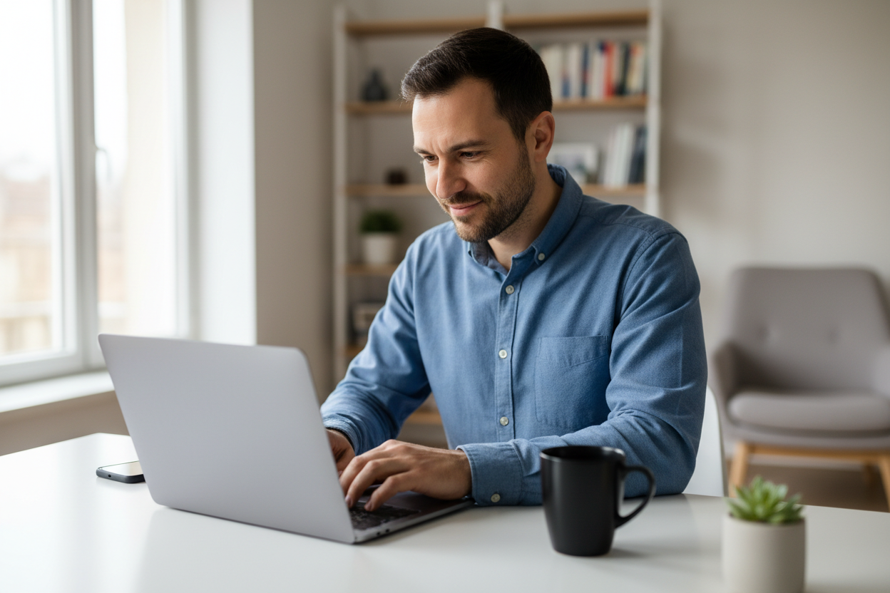 리뷰를 하는 james의 모습을 그림이 아닌 사진처럼 만들어줘